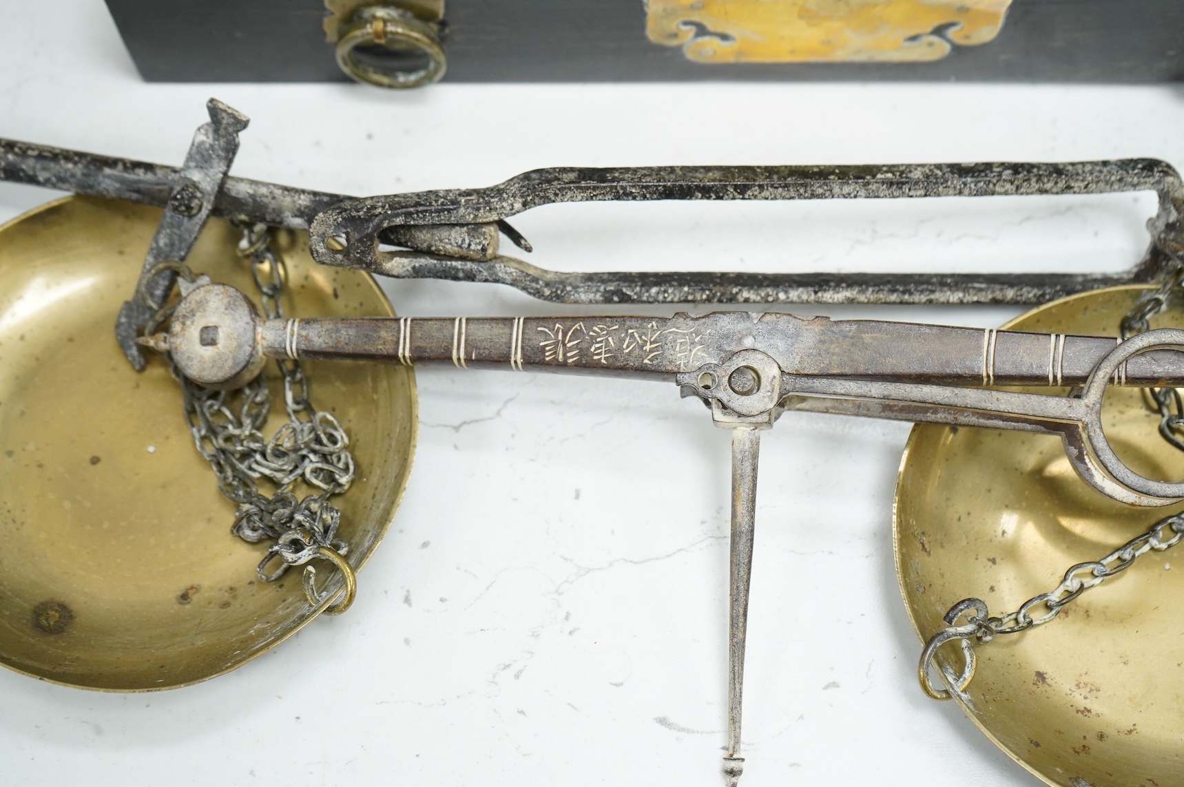 A pair of 19th century Japanese wood and brass mounted scales and weights, 31.5cm wide